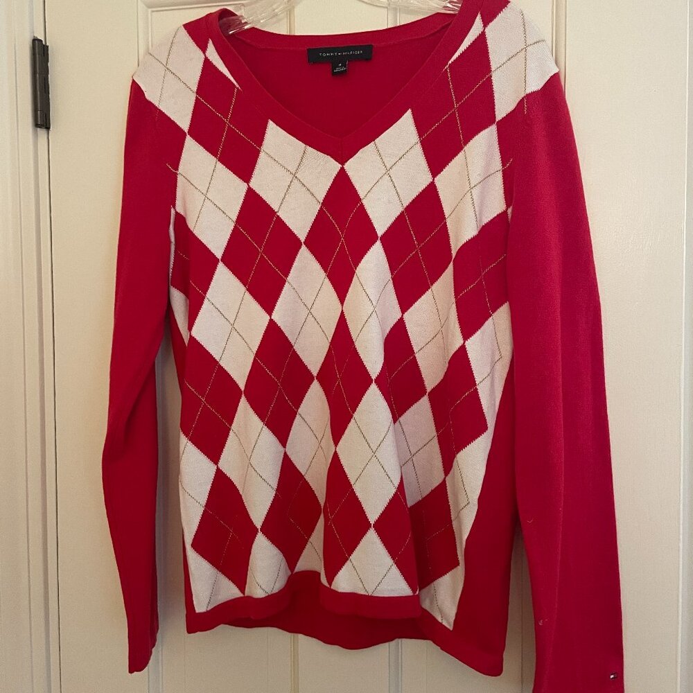 Tommy Hilfiger Argyle Cotton Golf Sweater Red and White - Medium - Picture 2 of 8